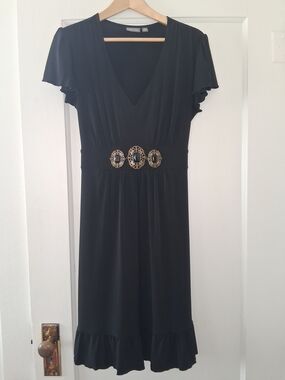 APT. 9 Dress M Black Flutter Sleeve Gold Medallion Waist Stretch